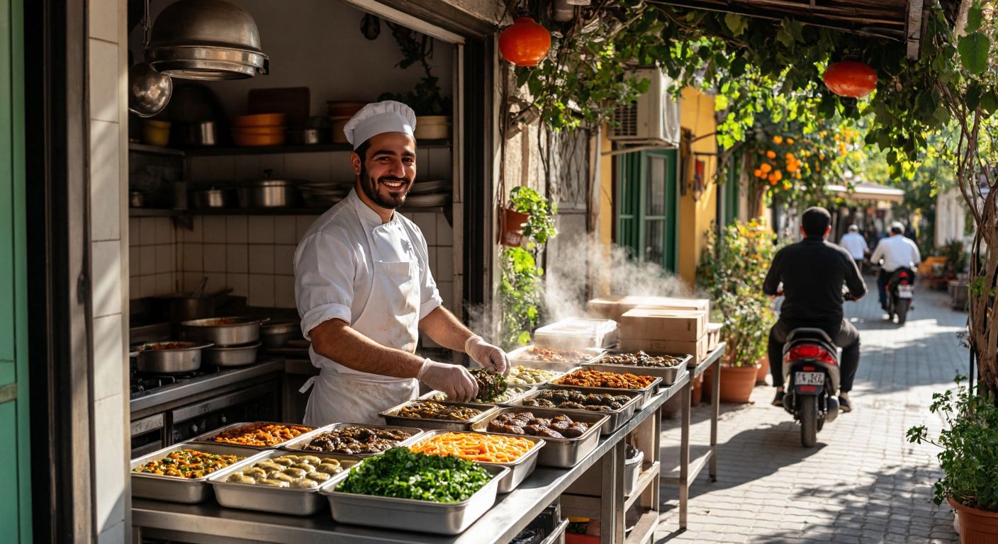 A warm, sunlit kitchen in İzmir with a smiling chef in a white apron carefully packing steaming trays of traditional Turkish dishes like *zeytinyağlılar* and *köfte* into insulated delivery boxes, while a delivery person waits nearby with a scooter.
