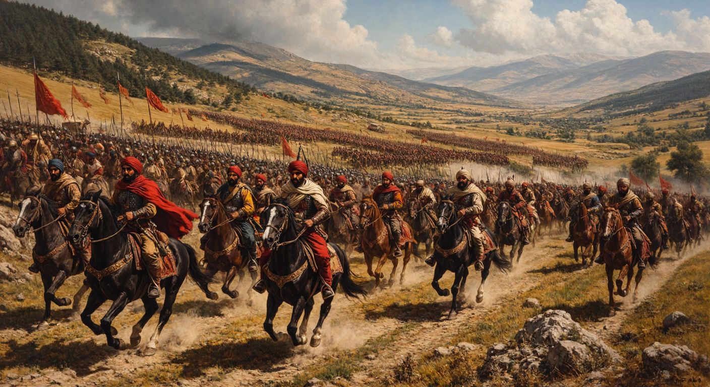 A vast Ottoman battlefield scene with armored cavalry on horseback charging ahead, while foot soldiers in traditional garb march steadily behind, carrying farming tools and supplies, against a backdrop of Anatolian hills.