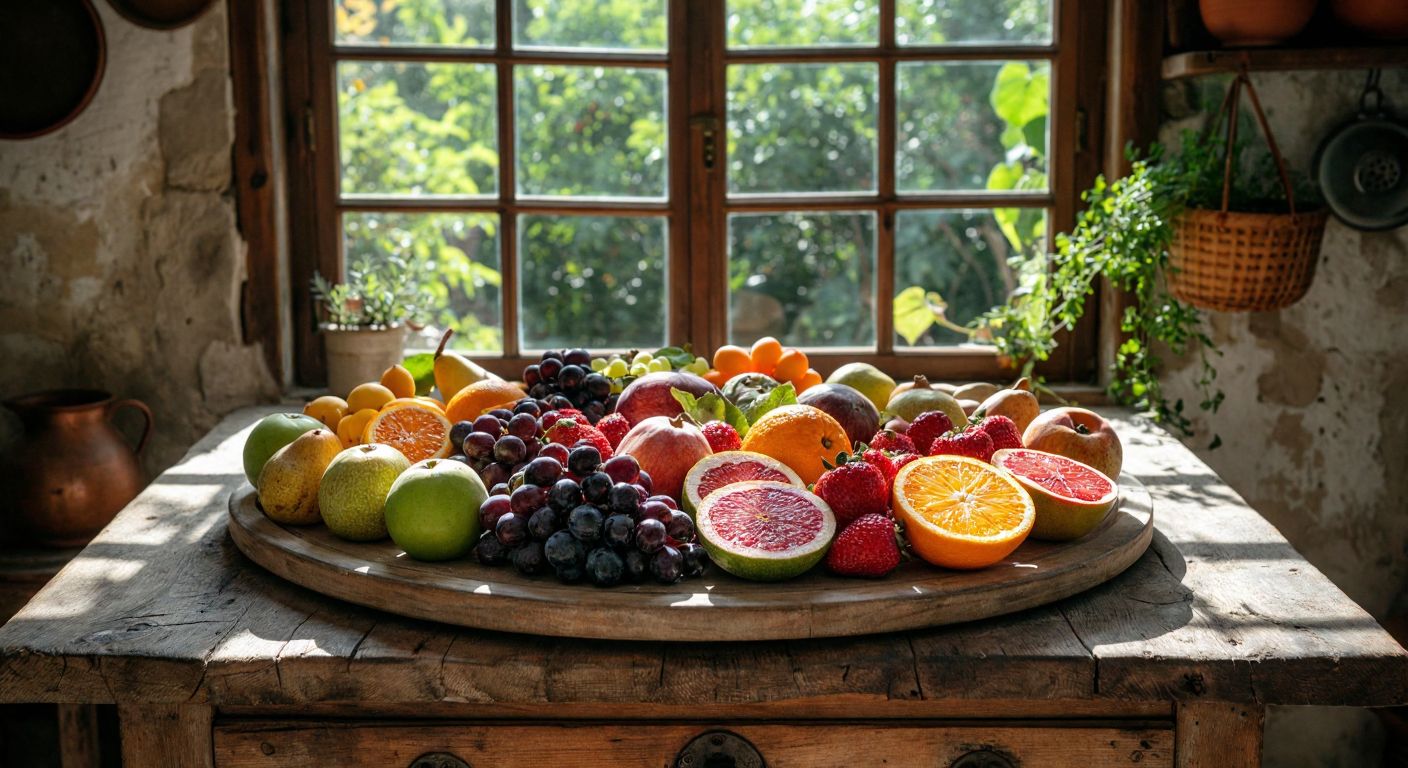 A circular arrangement of twelve distinct seasonal fruits, each representing a month of the Gregorian calendar, displayed on a rustic wooden table in a sunlit Turkish kitchen.