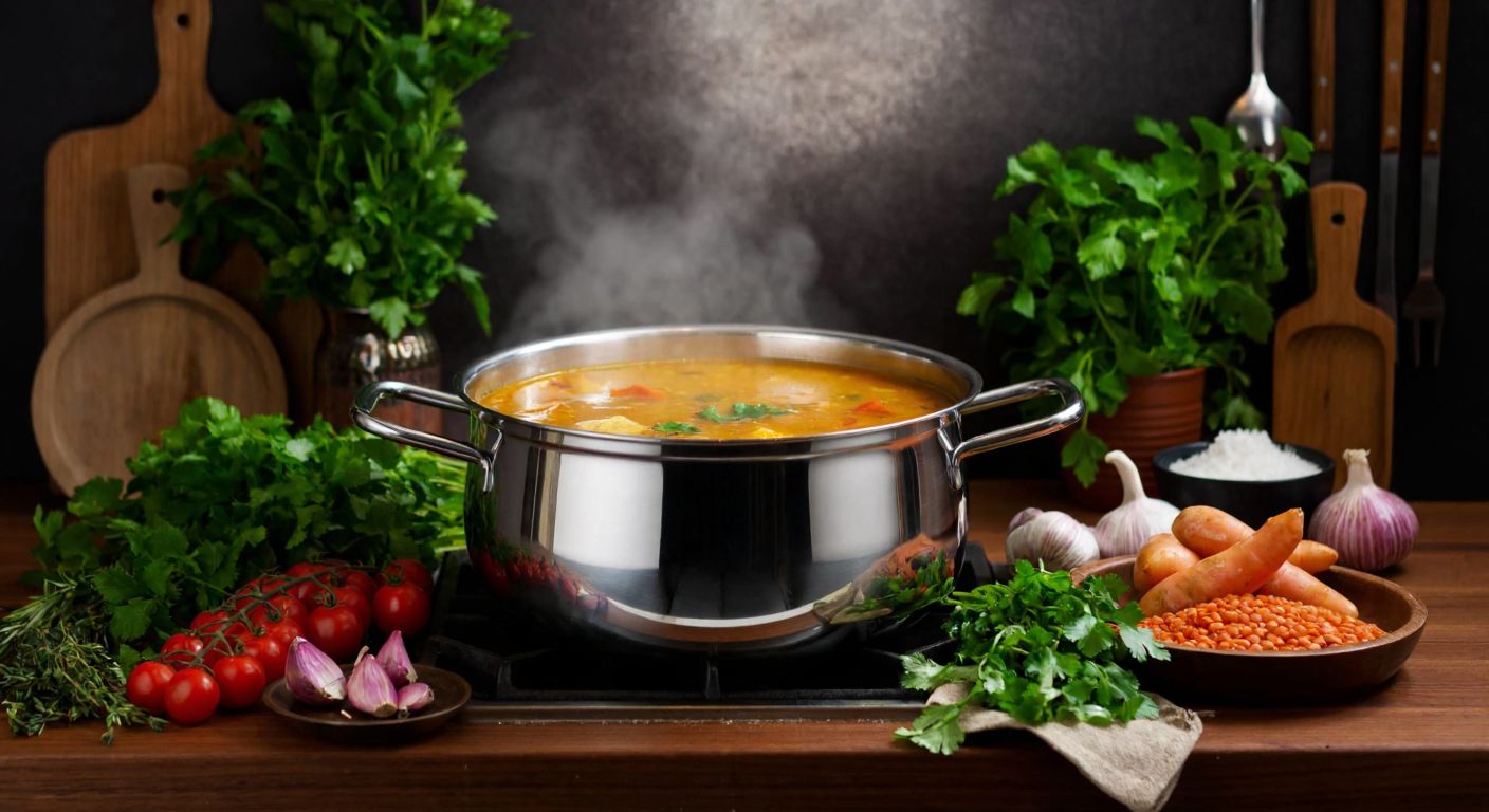 A large, gleaming stainless steel pot (40 cm in diameter) sits on a stove in a Turkish kitchen, filled with bubbling çorba, surrounded by an array of fresh ingredients like lentils, onions, and herbs, evoking warmth and communal dining.