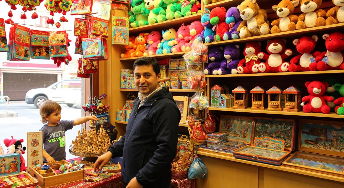A vibrant Turkish toy shop display with colorful plush animals, wooden puzzles, and miniature kitchen sets arranged neatly on shelves, while a smiling shopkeeper demonstrates a spinning top to a curious child.