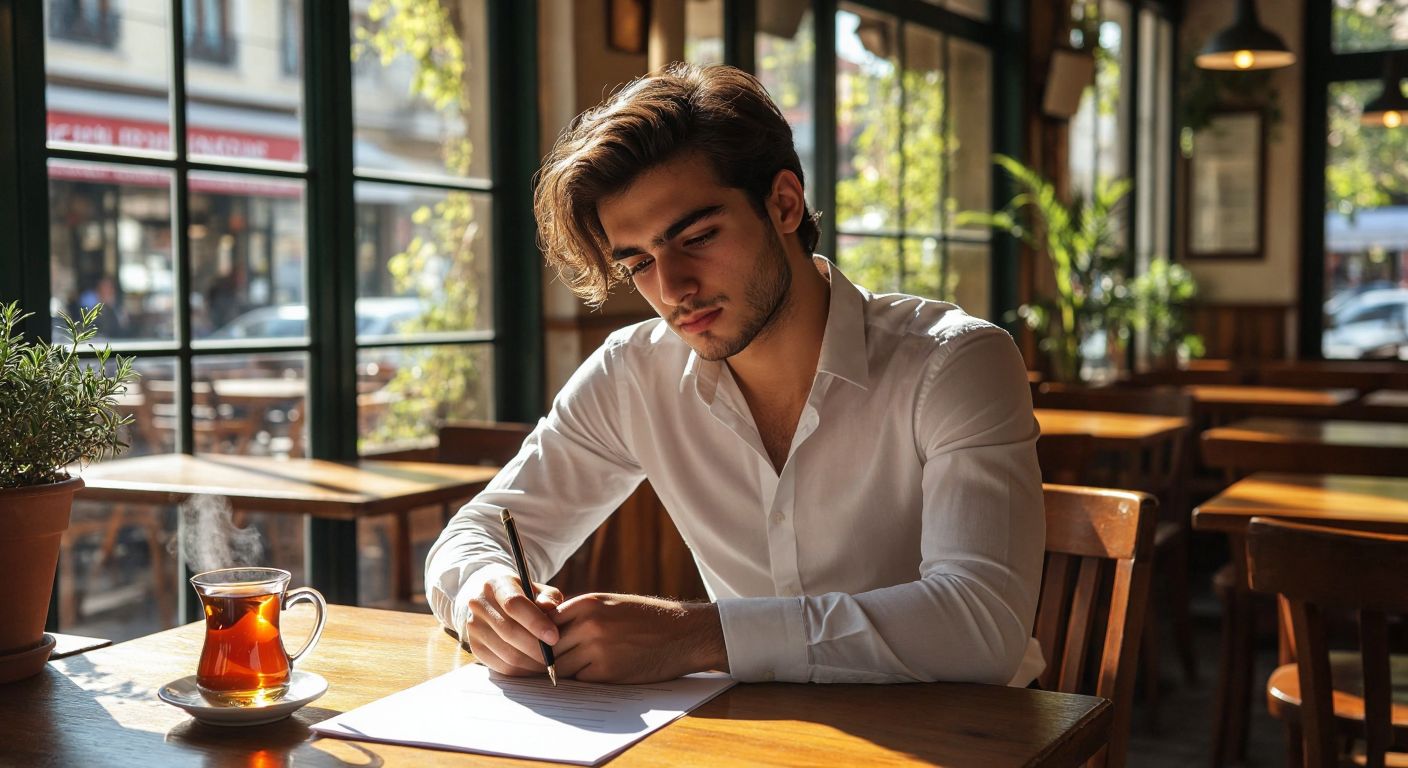 A young professional in a crisp white shirt sits thoughtfully at a wooden desk in a sunlit Turkish café, holding a pen over a blank CV while a steaming cup of Turkish tea rests beside them.