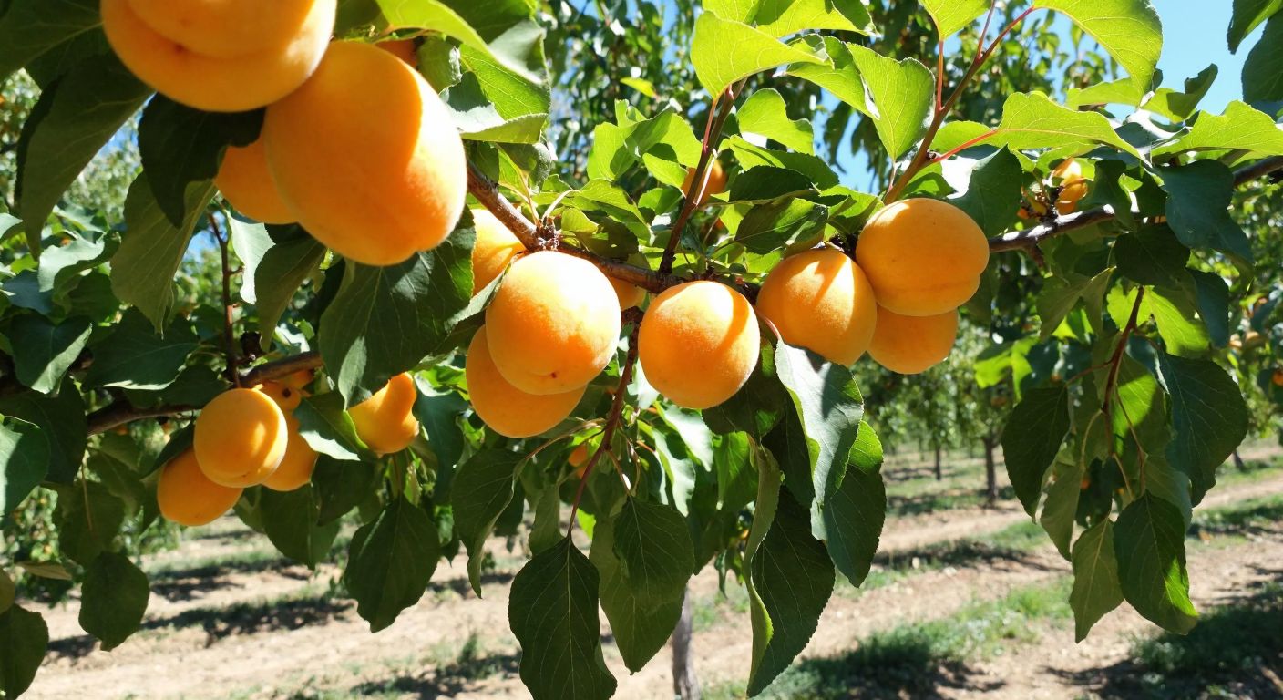 A sunlit orchard in Malatya with ripe, golden-orange apricots hanging from lush green branches, their sweet aroma filling the warm air.