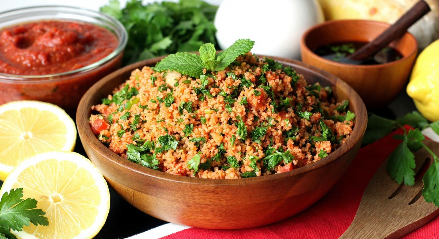 A vibrant Turkish kitchen scene with a wooden bowl filled with freshly prepared *kısır* (bulgur salad), garnished with chopped parsley, mint, and green onions, surrounded by ingredients like tomato paste, olive oil, lemons, and pomegranate molasses, evoking warmth and tradition.