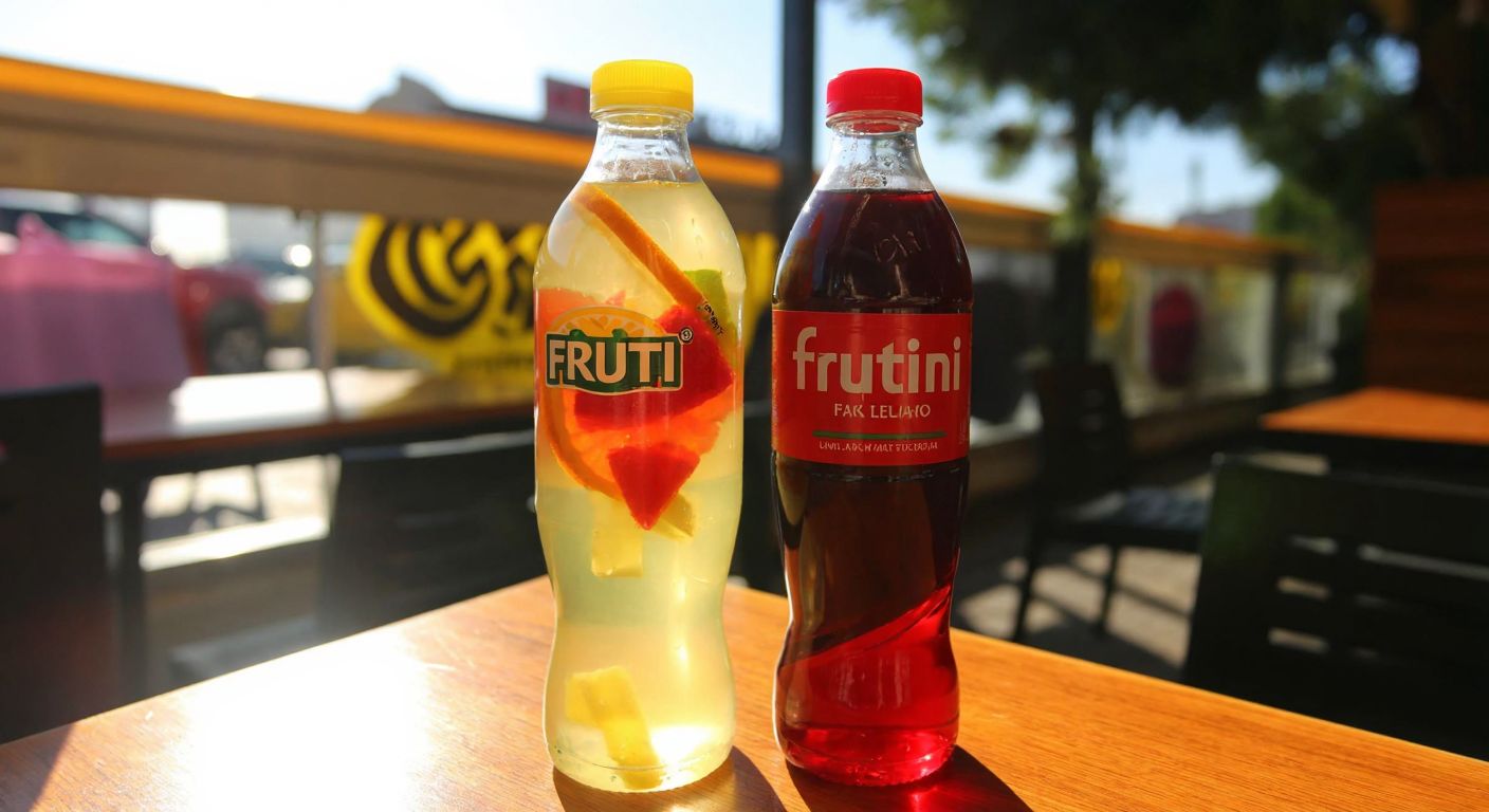 A colorful display of two distinct beverage bottles—one labeled *Frutti Extra* with natural fruit slices floating inside, and another generic *Fruttini* bottle beside it, both placed on a sunlit wooden table in a Turkish café.