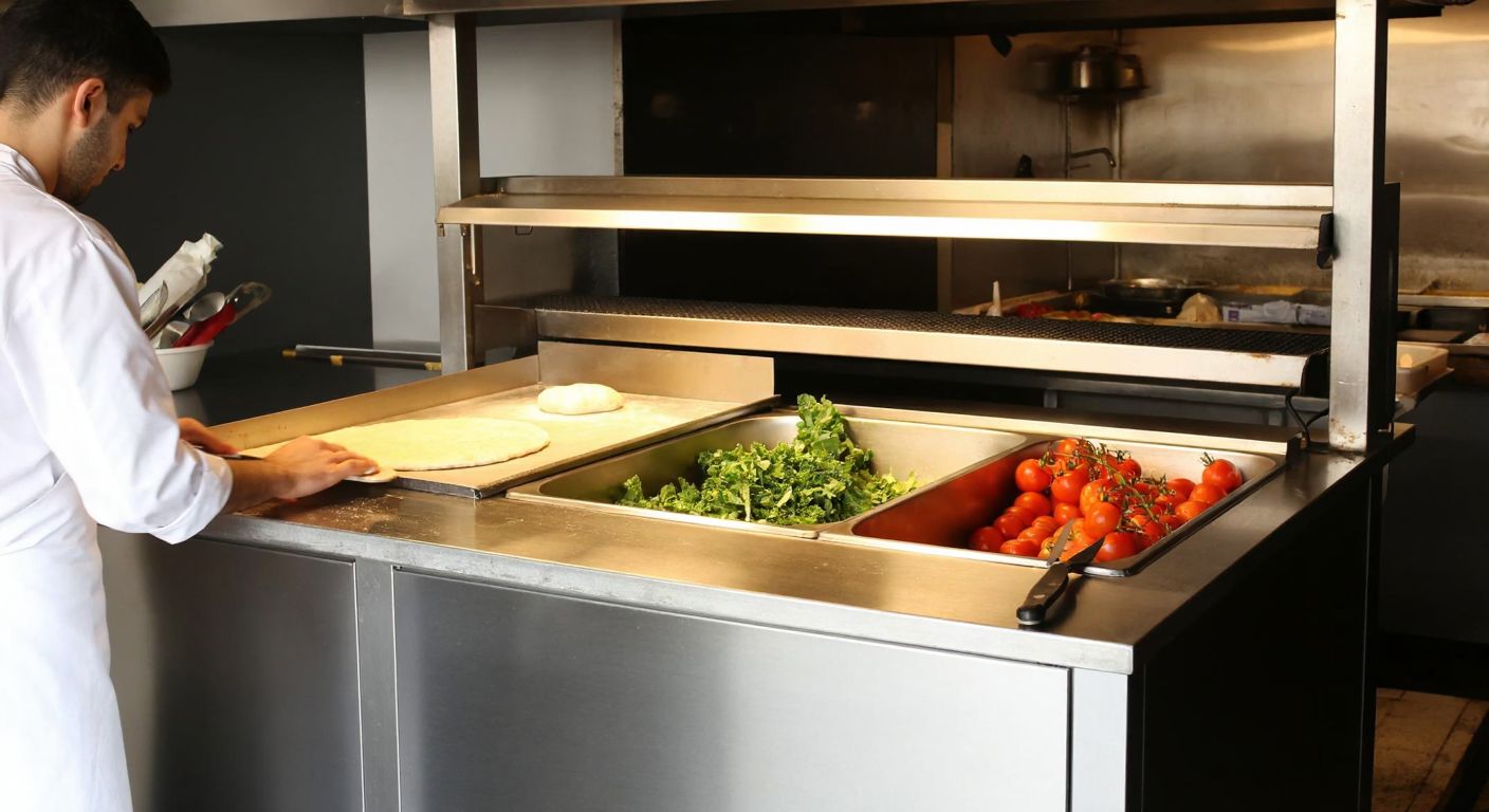 A stainless steel countertop pizza preparation station in a bustling Turkish pizzeria, with a chef in a white apron kneading dough, a cooling compartment filled with fresh vegetables, and a small oven glowing nearby.