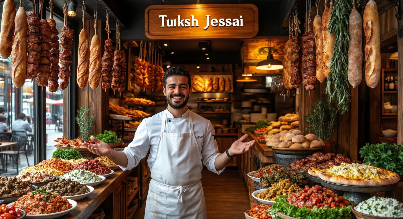 A warm Turkish restaurant with a wooden sign above the entrance, surrounded by hanging kebabs and fresh bread, while a smiling chef in a white apron gestures toward a bustling dining area filled with colorful plates of meze.