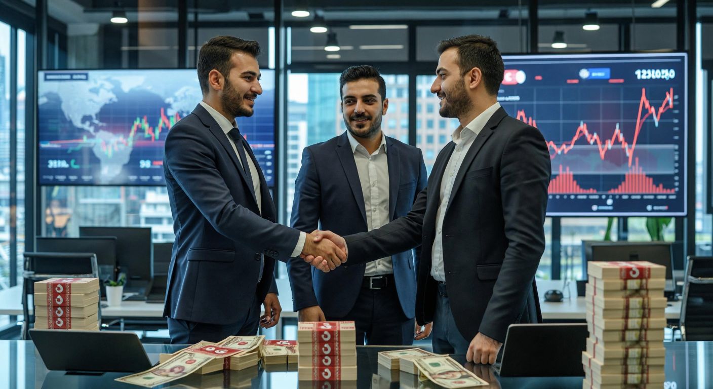 A modern office in Istanbul with two confident Turkish businessmen shaking hands in front of a sleek digital payment terminal, surrounded by glowing transaction graphs and stacks of Turkish lira banknotes.
