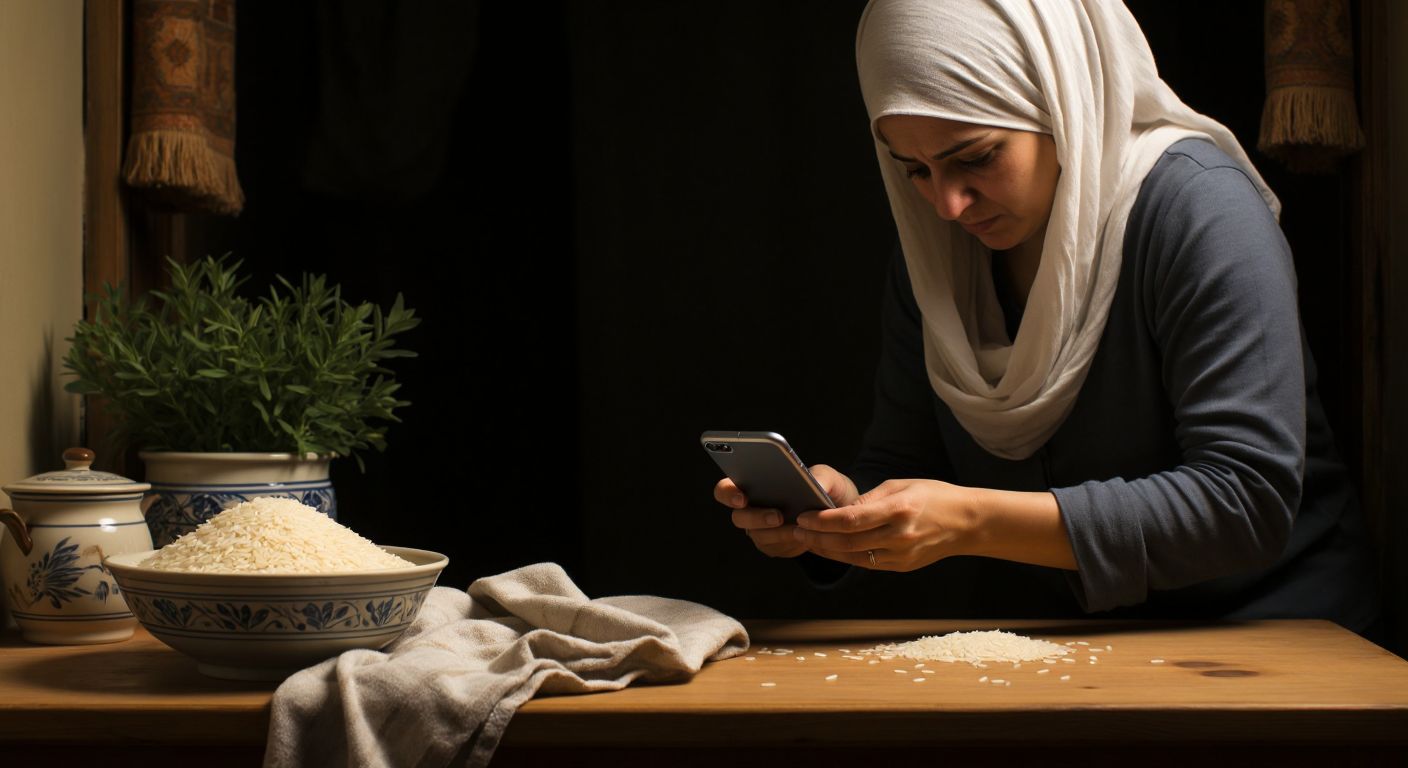 A concerned person in a cozy Turkish home carefully dries a smartphone with a soft cloth next to a bowl of dry rice on a wooden table.