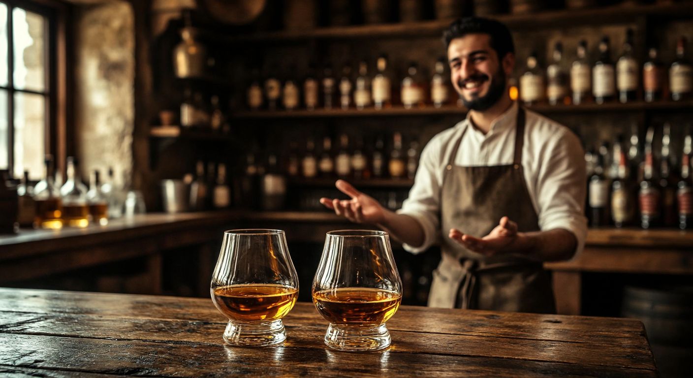A rustic wooden table in a dimly lit Turkish tavern holds two crystal glasses—one filled with amber blended whisky, the other with rich golden single malt, while a bartender in a traditional apron gestures toward them with a knowing smile.