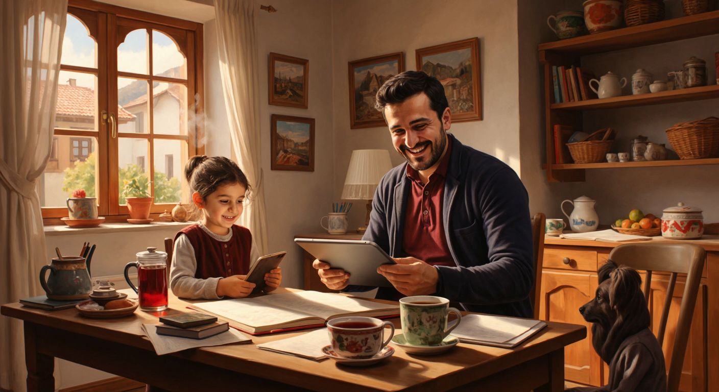 A warm Turkish home with a smiling teacher sitting at a wooden desk, holding a tablet, while a child eagerly watches nearby, surrounded by colorful educational materials and a steaming cup of çay.