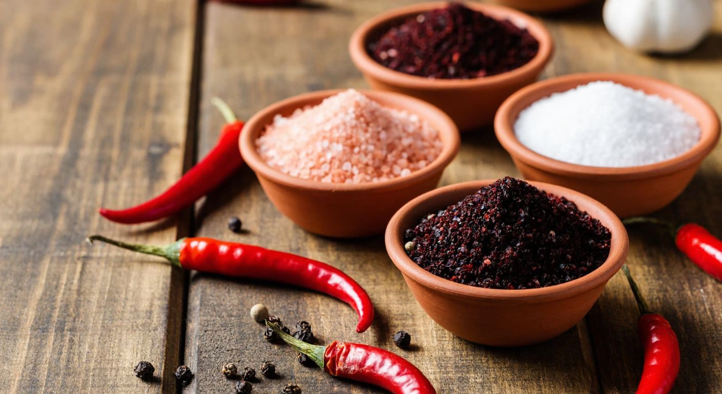 A rustic wooden table in a Turkish kitchen holds small bowls of sumac, isot, Himalayan pink salt, and Hawaiian black salt, their dark hues contrasting against warm terracotta dishes and scattered dried chili peppers.