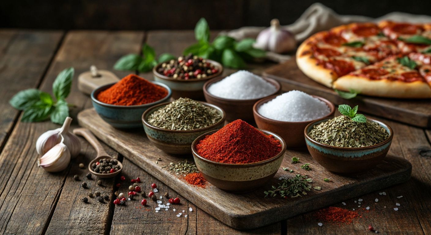 A rustic wooden table in a Turkish kitchen displays small bowls filled with vibrant spices—garlic powder, onion flakes, dried basil, thyme, red pepper flakes, salt, sugar, black pepper, marjoram, and mint—arranged neatly around a Domino's pizza box.