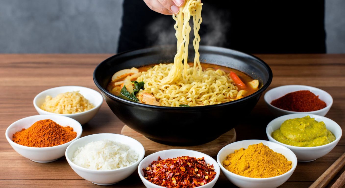 A steaming bowl of Indomie noodles surrounded by small bowls of vibrant spices—chili flakes, garlic powder, and curry—on a wooden table, with a hand sprinkling red pepper flakes into the dish.
