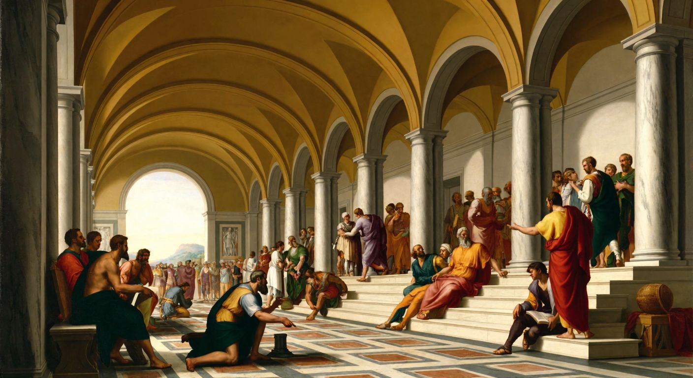 A grand Renaissance hall with marble arches and vaulted ceilings, where Plato points upward while Aristotle gestures toward the ground, surrounded by philosophers like Pythagoras writing in a book, Euclid bending with a compass, and Diogenes lounging on the steps, all bathed in warm golden light.