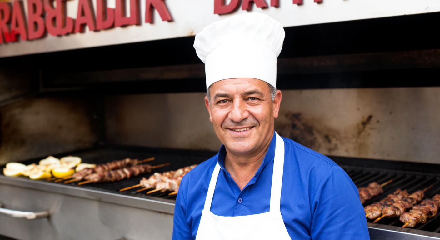 A middle-aged man with a warm smile, wearing a white apron and a traditional Turkish chef's hat, stands proudly in front of a bustling kebab restaurant in Ardahan, with skewers of sizzling meat on a charcoal grill behind him.