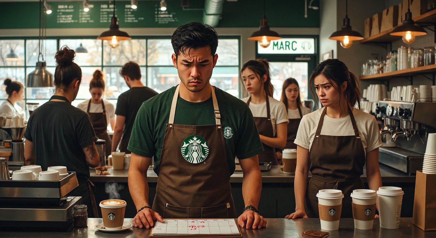 A tense barista in a Starbucks apron glances nervously at a calendar with March marked in red, surrounded by anxious coworkers in a bustling café with steaming coffee cups on the counter.
