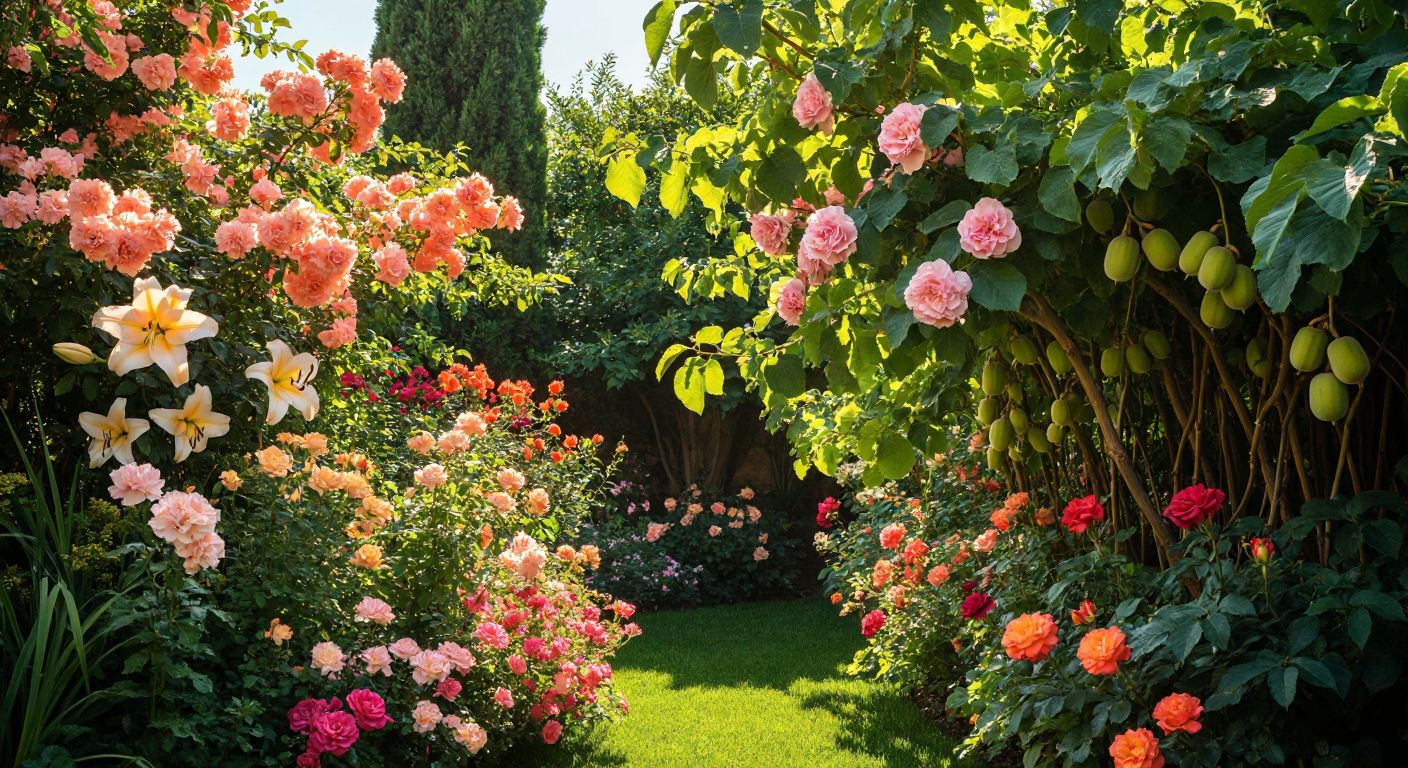 A vibrant garden scene in Turkey with a split composition: on the left, lush lilies, roses, and carnations in full bloom (complete flowers), and on the right, kiwi vines, walnut branches, and hazelnut clusters (incomplete flowers), bathed in warm sunlight.