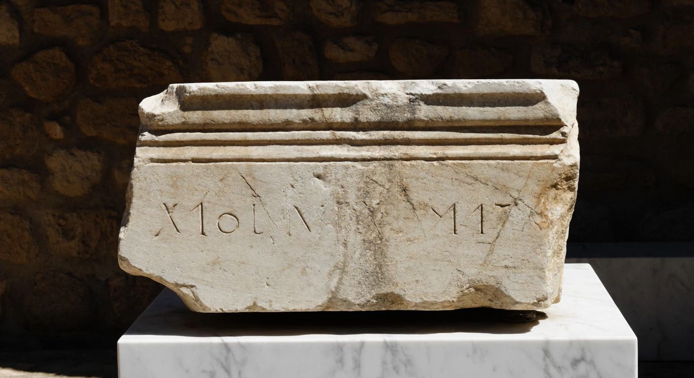 A weathered stone tablet with ancient Roman numerals etched into its surface, resting on a sunlit marble pedestal in an open-air archaeological site.