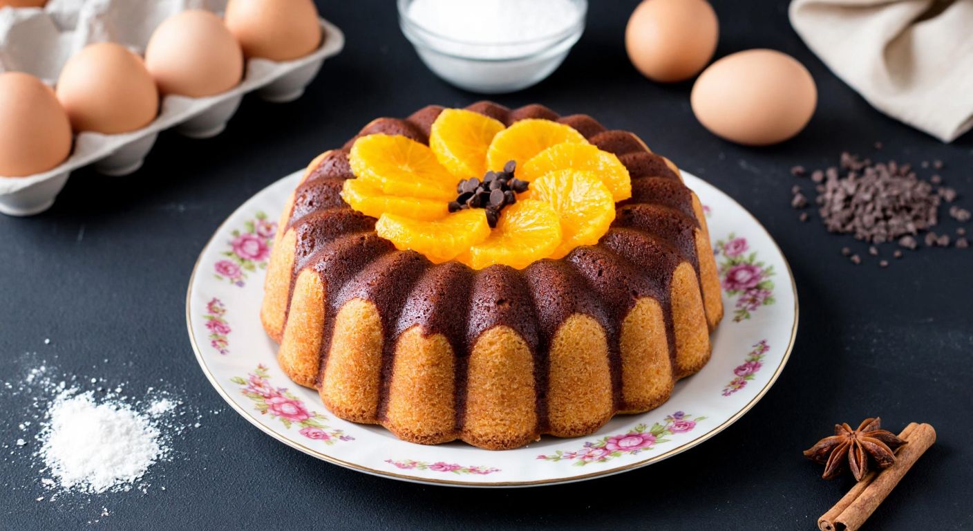 A warm Turkish kitchen with a golden papatya cake on a floral-patterned plate, decorated with orange slices, chocolate drops, and a dusting of cocoa, surrounded by scattered baking ingredients like eggs, flour, and vanilla.