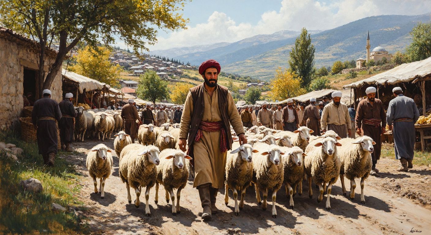 A sunlit Turkish countryside scene with a shepherd in traditional attire guiding a flock of healthy sheep toward a bustling livestock market, where buyers inspect animals and vendors negotiate prices, evoking a sense of rural commerce and cultural tradition.
