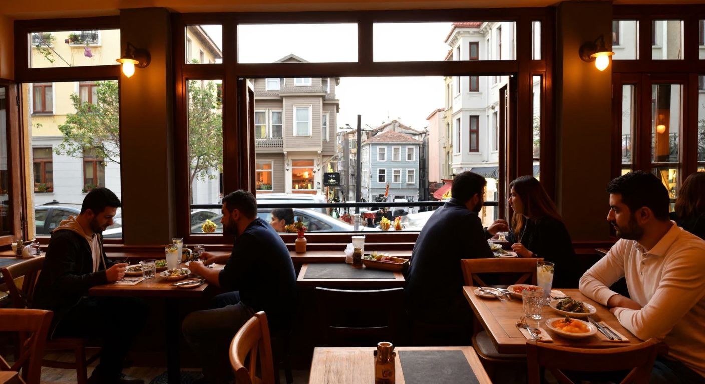 A cozy, warmly lit café in Cihangir with wooden tables, people chatting over glasses of rakı and plates of meze, framed by Istanbul's historic buildings outside the window.