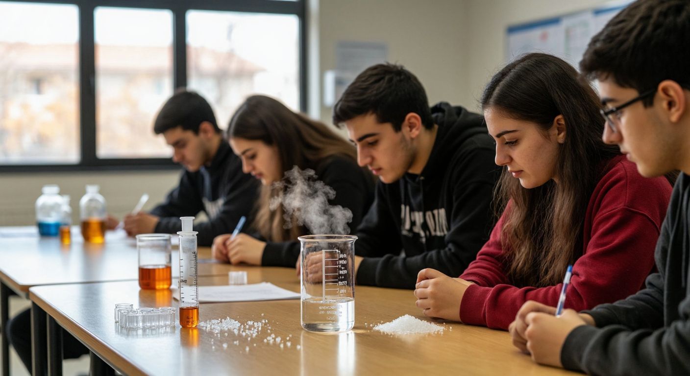 A Turkish chemistry classroom with students observing a beaker of boiling water, a thermometer showing rising temperature, and salt crystals dissolving in another beaker, illustrating the factors reducing vapor pressure.