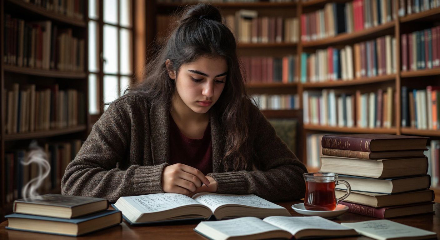 A young Turkish student in a library, intently studying a notebook filled with mathematical equations, surrounded by stacked textbooks and a steaming cup of çay (tea) on the table.