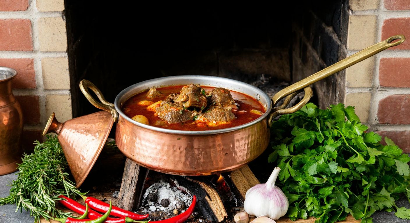 A rustic Turkish kitchen with a bubbling copper pot of tender goat meat stewing over a wood fire, surrounded by fresh herbs and spices, evoking warmth and tradition.