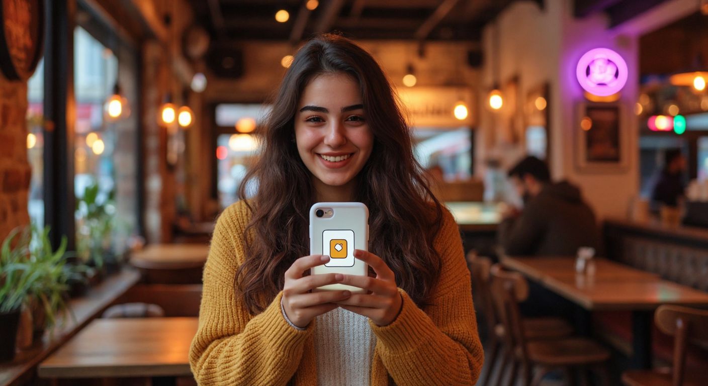 A young Turkish woman in a cozy café holding her smartphone with a bright Instagram post open, smiling warmly as she taps the screen to invite contributors, while a small "HaydiSendeYaz" sticker subtly adorns her phone case.