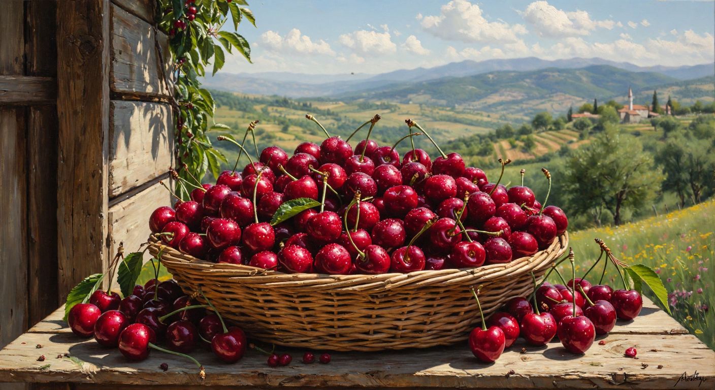 A vibrant basket of deep red **Napolyon cherries** from Isparta, glistening with freshness, placed on a rustic wooden table with a sunlit Turkish countryside in the background.