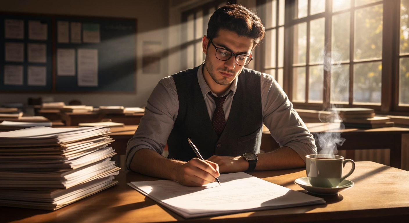 A focused Turkish teacher in a sunlit classroom, wearing glasses and a collared shirt, thoughtfully holding a pen over a blank evaluation form on a wooden desk, with a stack of similar forms and a steaming cup of Turkish tea beside them.