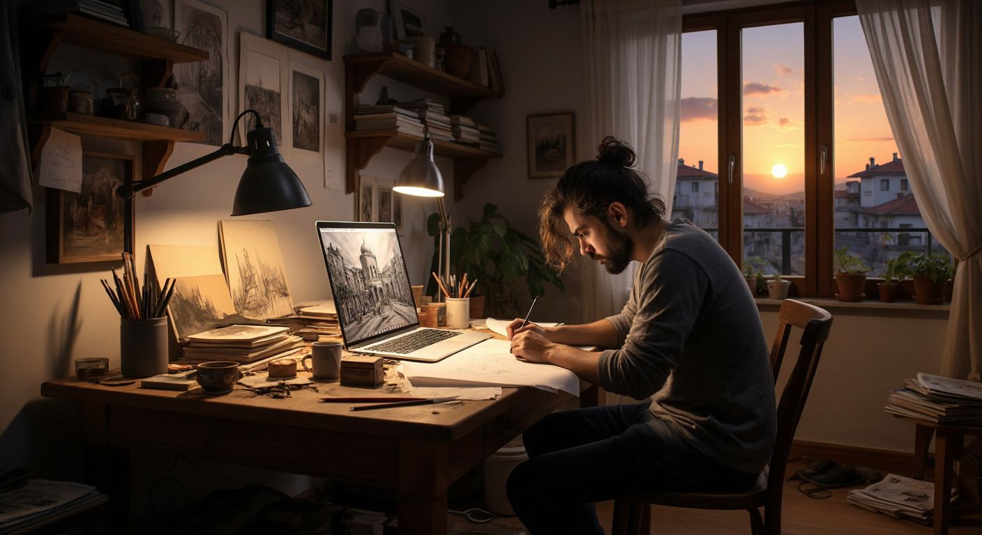 A frustrated artist sits at a wooden desk in a cozy Turkish home, sketching a floor lamp with a crumpled paper beside them, while a laptop screen glows faintly with a paused tutorial video.