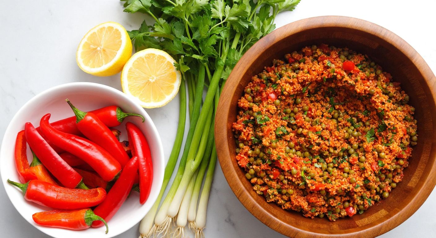 A vibrant Turkish kitchen counter displays fresh ingredients for *maş fasulyeli kısır*—green mung beans, bulgur, roasted red peppers, parsley, green onions, and lemons—neatly arranged beside a wooden bowl filled with the colorful, freshly mixed dish.
