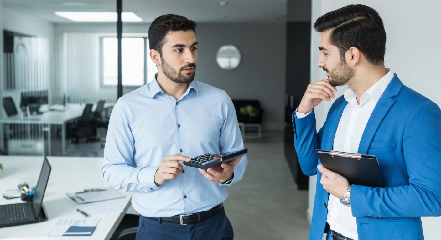 A Turkish accountant in a modern office, holding a calculator and a stack of papers, with a thoughtful expression while explaining tax concepts to a colleague.