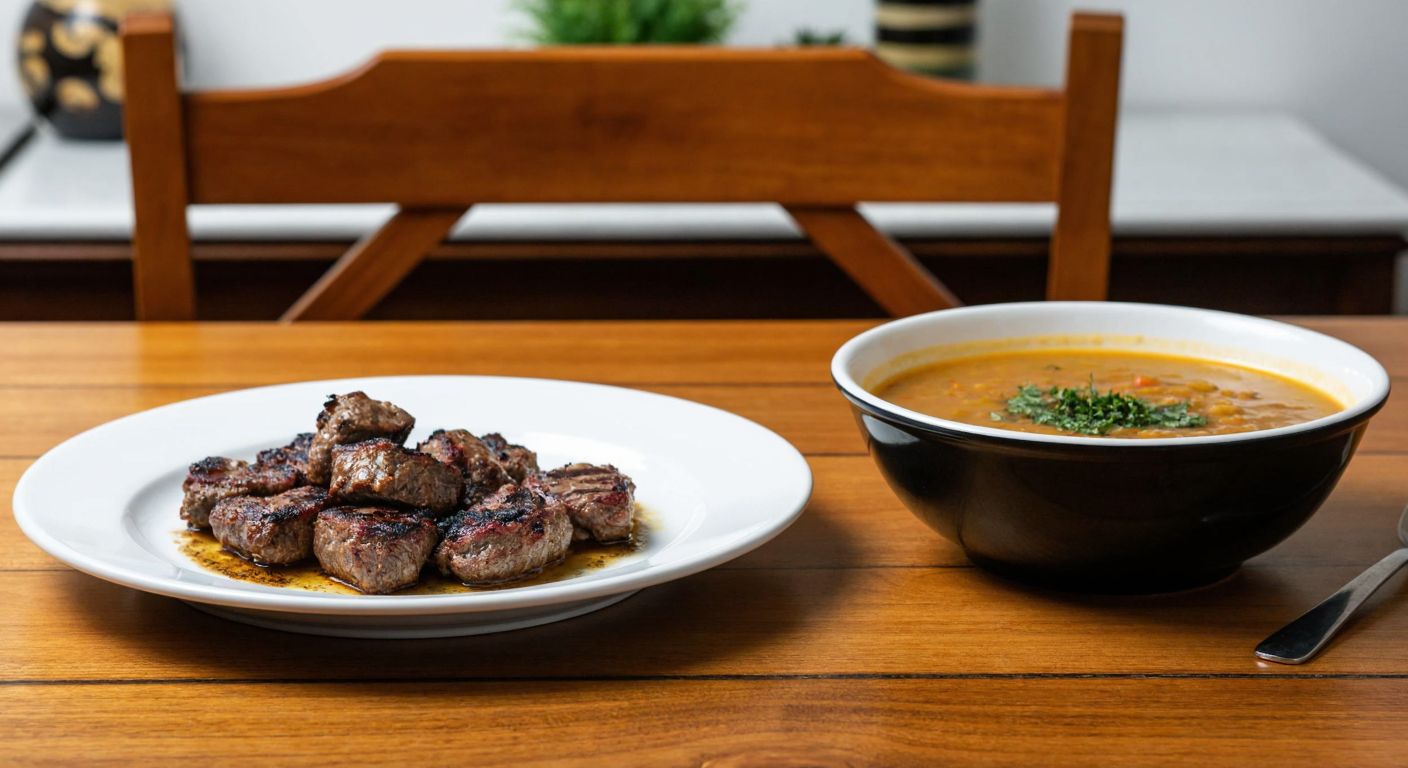 A wooden dining table in a Turkish home holds a shallow circular plate with grilled meat and a deep spherical bowl filled with lentil soup, side by side for comparison.
