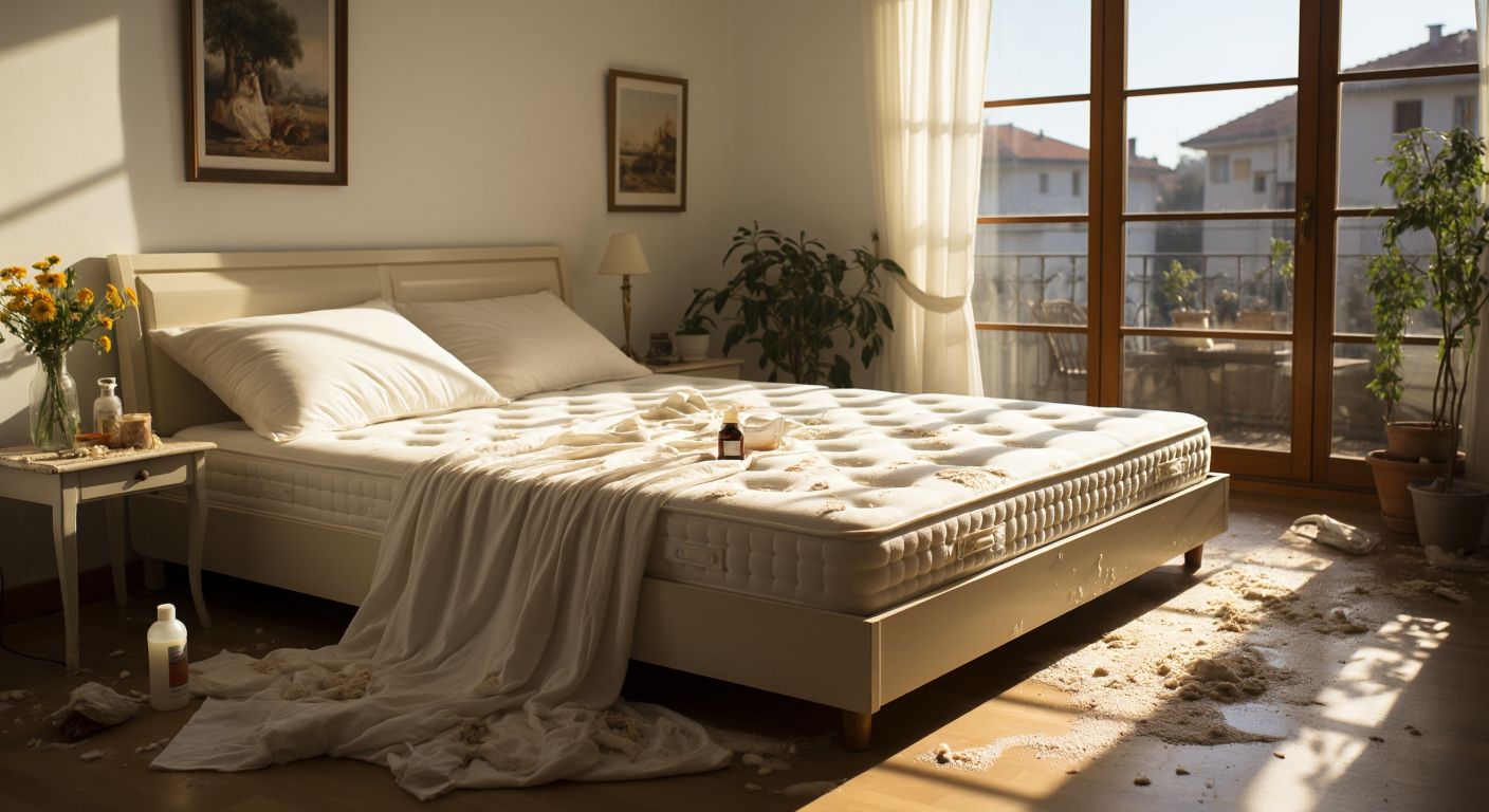 A slightly yellowed white mattress in a sunlit Turkish bedroom, with faint sweat stains and scattered skin flakes, surrounded by a humid atmosphere and a bottle of spilled lotion nearby.