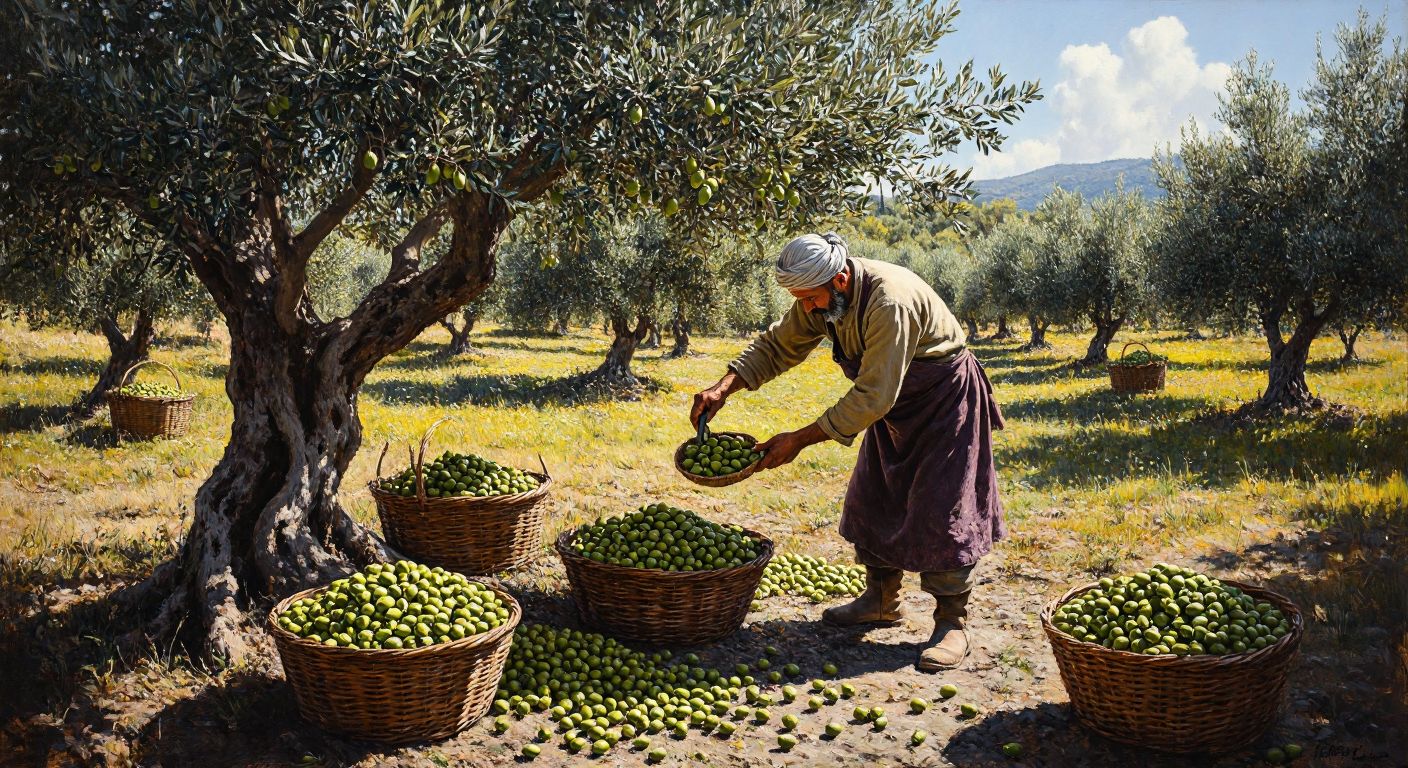 A sunlit olive grove in Turkey, with a farmer in traditional clothing carefully pruning a mature olive tree during late autumn, surrounded by baskets of freshly harvested green olives.