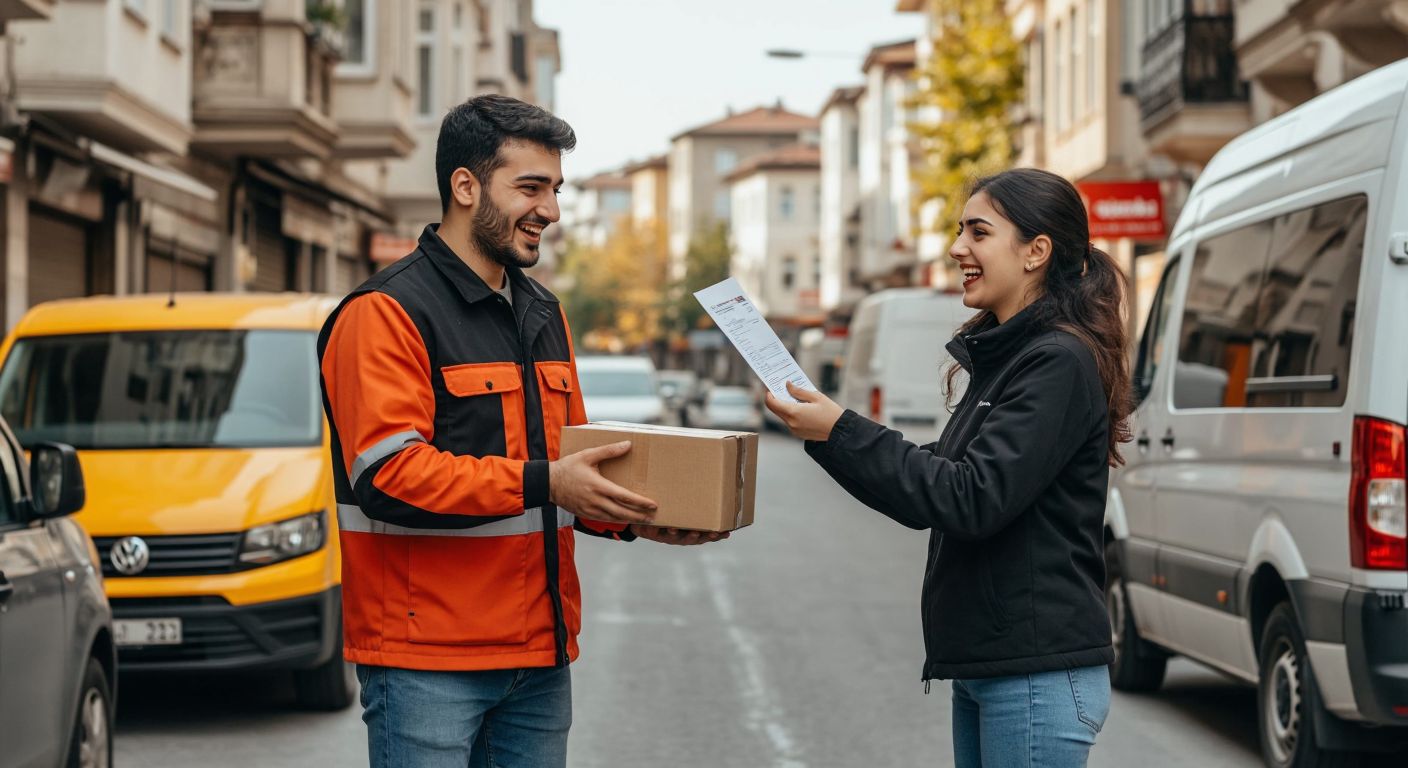 A split-image of a smiling courier in a Kargo 24 uniform handing a package to a happy customer on one side, and a frustrated customer arguing with a courier over an invoice on the other, set against a backdrop of a bustling Turkish street with delivery vans.