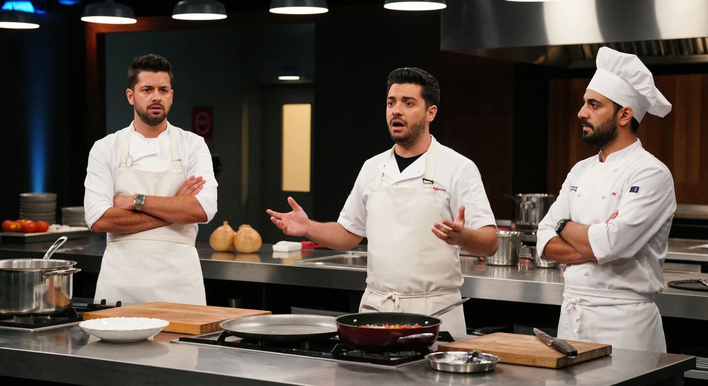 A tense scene in a MasterChef kitchen with Murat, a young Turkish contestant in a white apron, standing shocked as judges in chef coats sternly point towards the exit, surrounded by gleaming stainless steel counters and scattered cooking utensils.