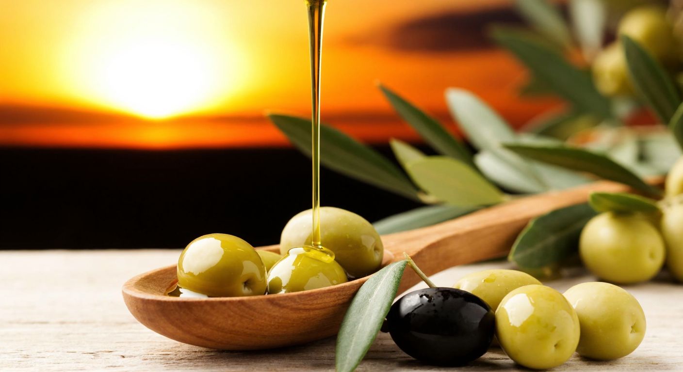 A golden-green olive oil drizzle over a rustic wooden spoon, surrounded by fresh olives and olive leaves, with a warm Mediterranean sunset in the background.