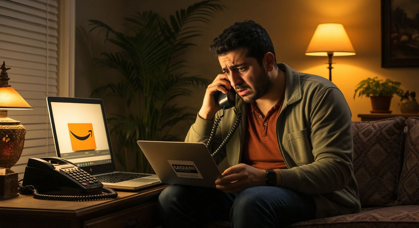 A frustrated Turkish man in a cozy home setting holds an old landline phone while staring at a laptop displaying the Amazon logo on its screen.