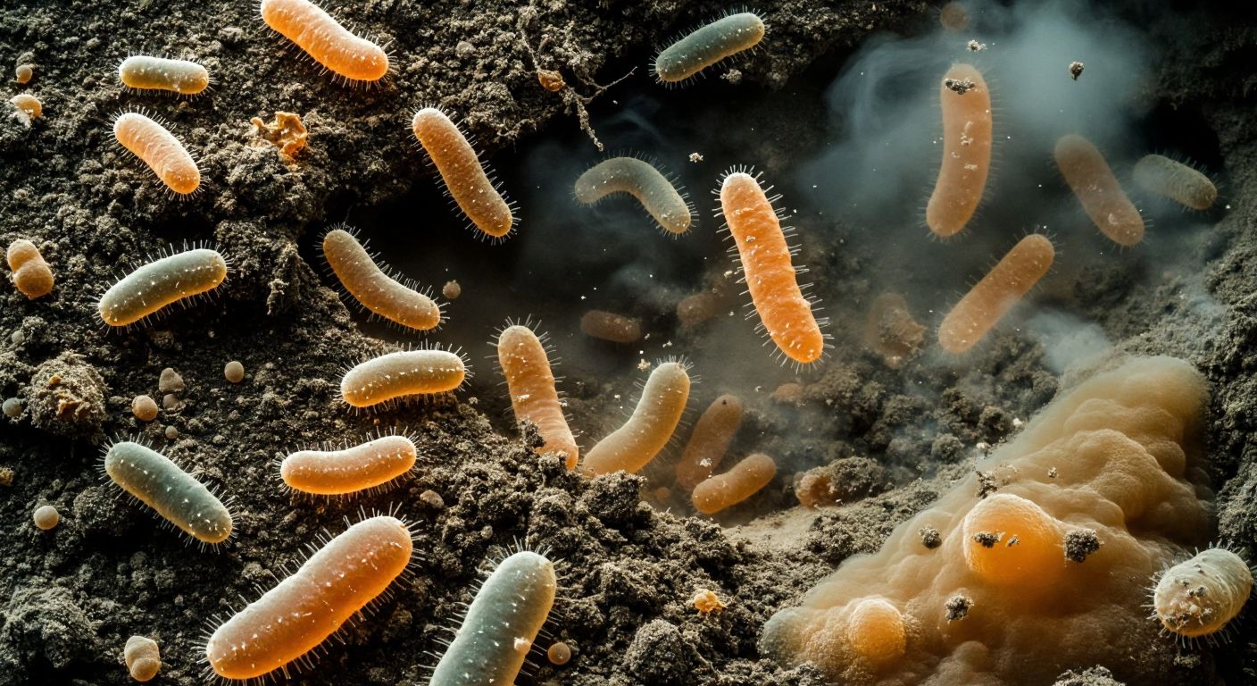 A magnified view of diverse, single-celled prokaryotic organisms—some resembling rod-shaped bacteria dividing in soil, others like hardy archaea thriving in a bubbling volcanic hot spring.