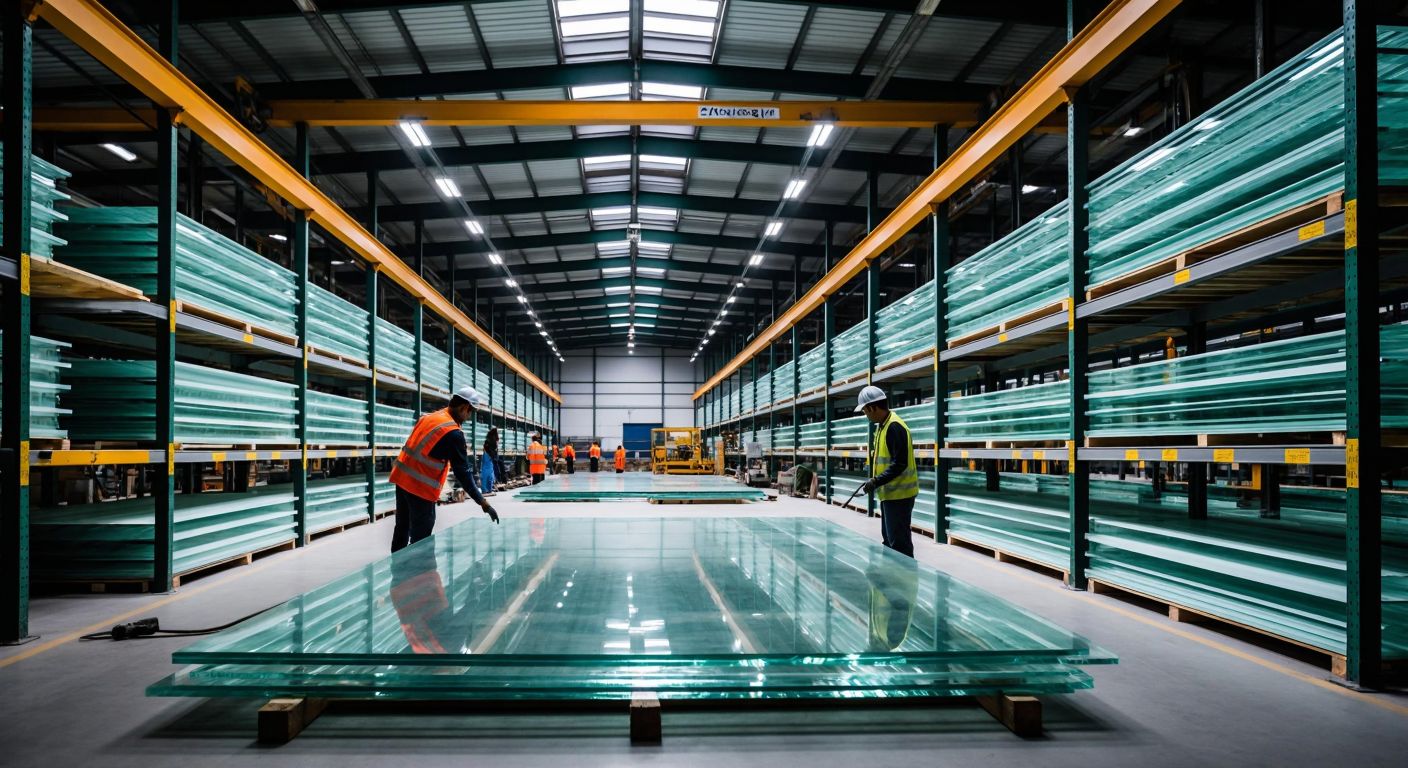 A modern glass factory in Turkey with workers in safety gear inspecting transparent glass sheets under bright industrial lights, surrounded by shelves of neatly stacked glass products.