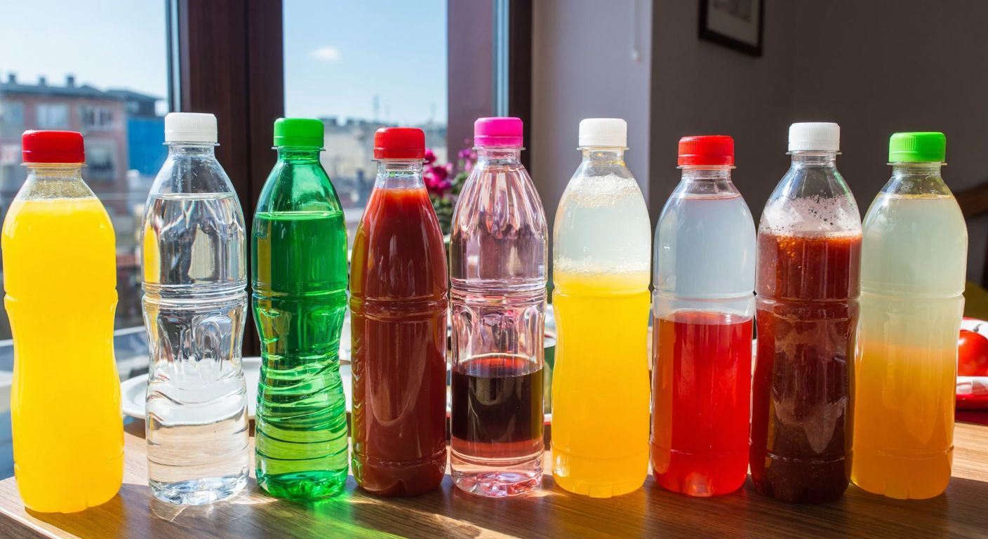A colorful array of transparent PET bottles filled with water, fizzy drinks, fruit juices, and condiments like ketchup, neatly arranged on a wooden table in a Turkish kitchen, with sunlight streaming through a window.