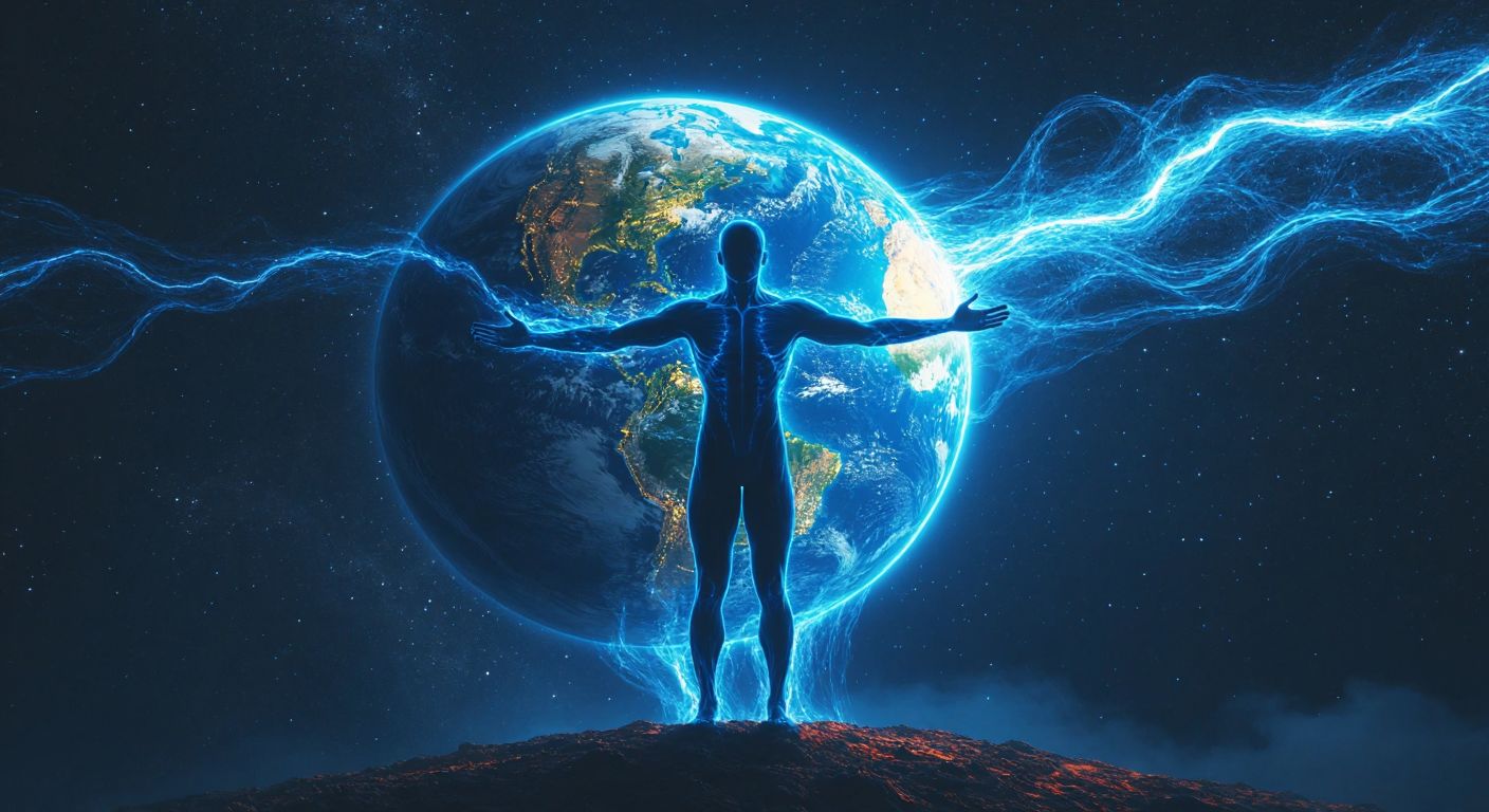 A glowing human silhouette stands with arms outstretched, mirroring the curvature of a vibrant Earth floating beside it, connected by shimmering blue veins resembling rivers and blood vessels.