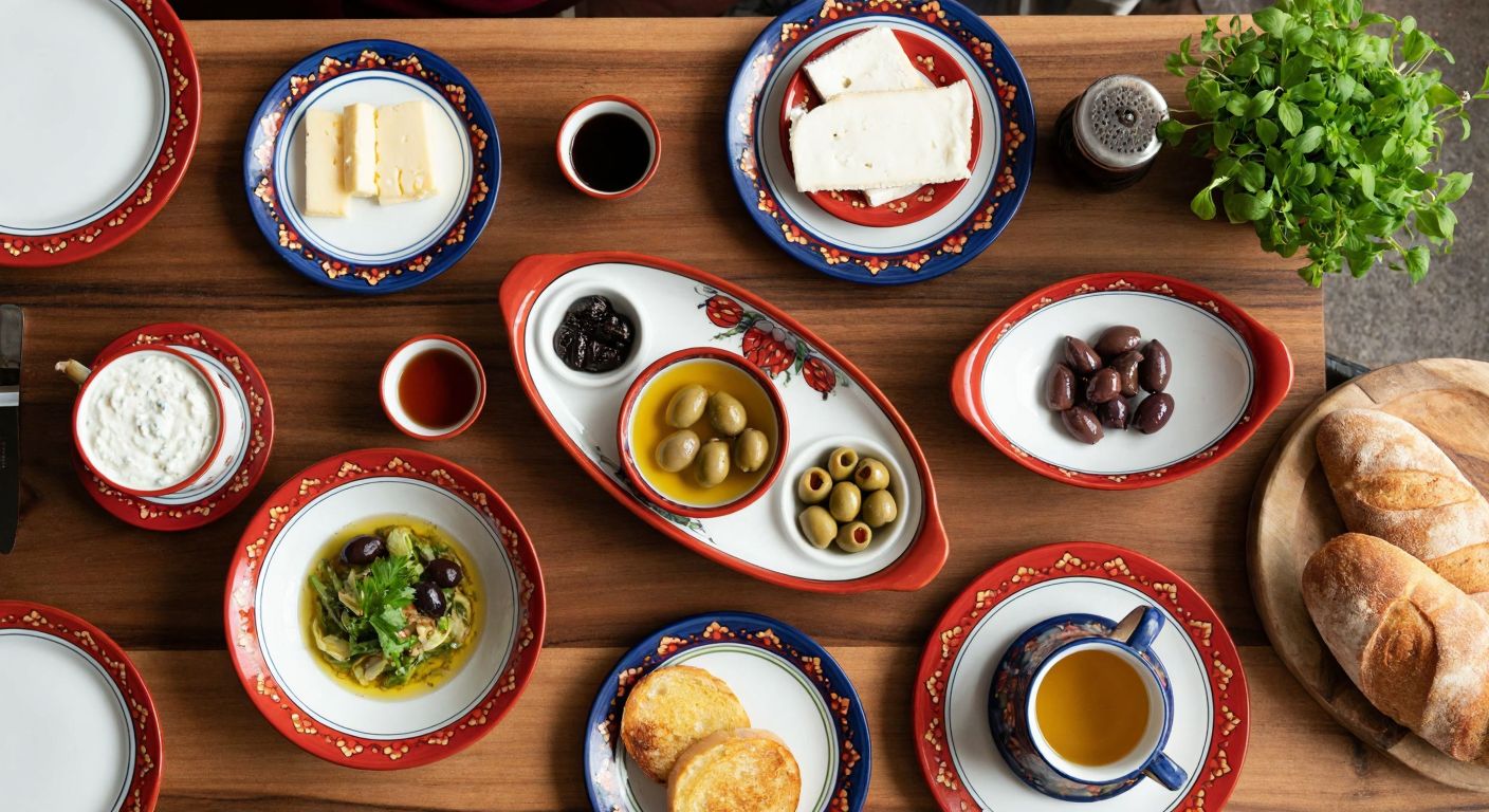 A beautifully arranged Turkish breakfast set for four on a wooden table, featuring colorful ceramic plates, small bowls, teacups, and kayık dishes filled with olives, cheese, and honey, surrounded by fresh bread and herbs.