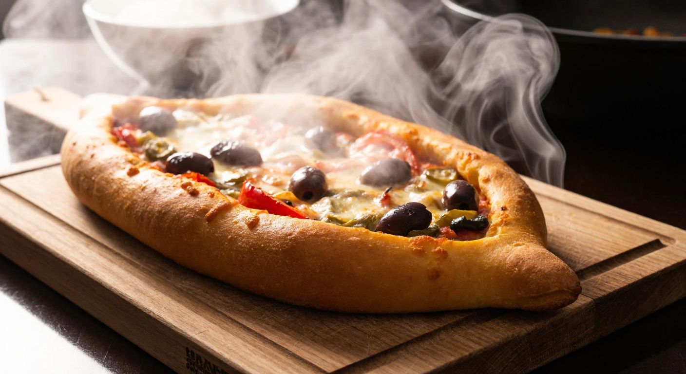 A golden-brown bread pizza fresh out of a traditional Turkish oven, with melted cheese and vibrant toppings like peppers and olives, resting on a wooden cutting board with steam rising.