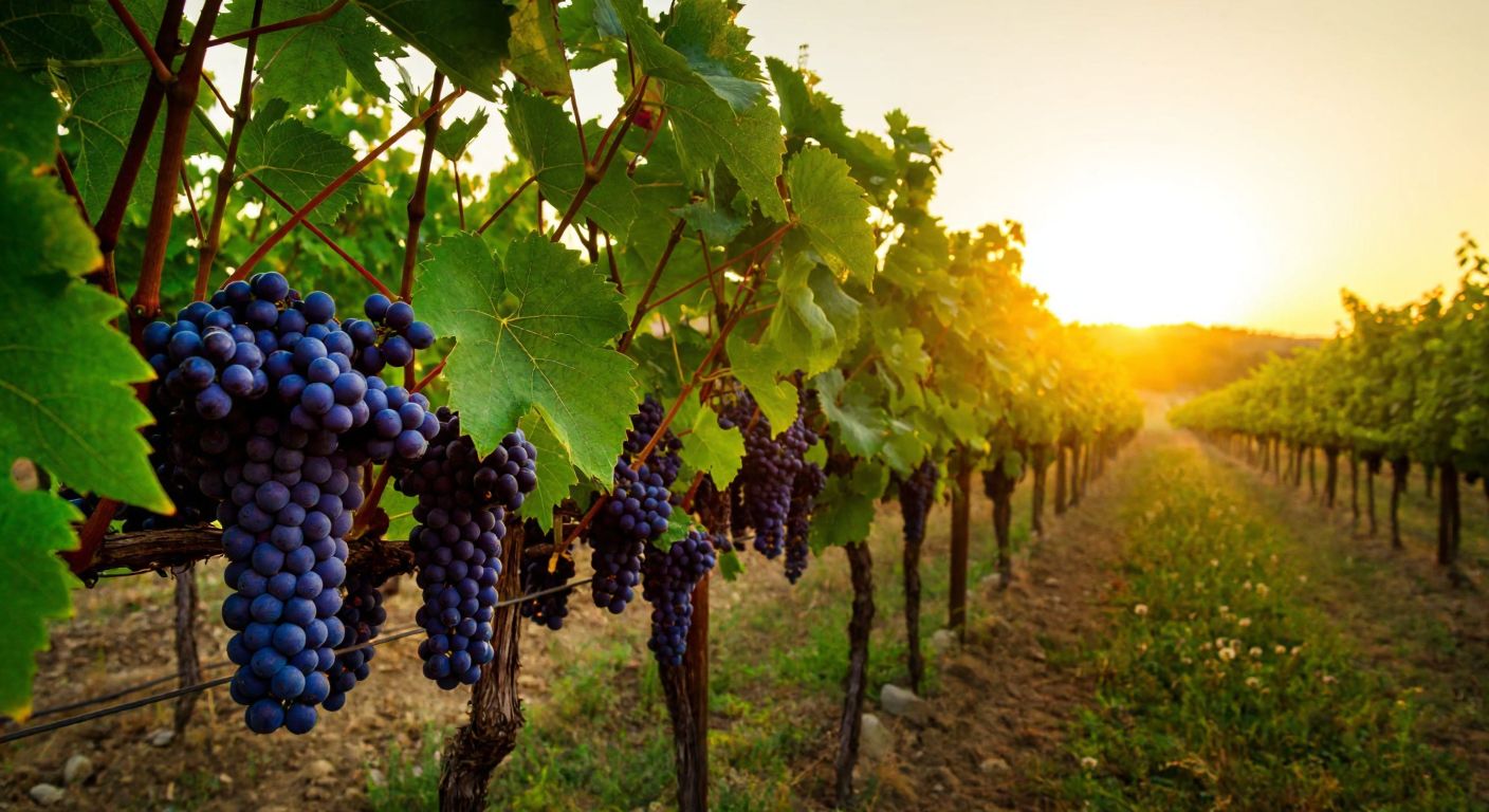 A lush Georgian vineyard with deep purple Saperavi grapes hanging heavy on the vine under a golden sunset, evoking the essence of Alazani Valley wine.