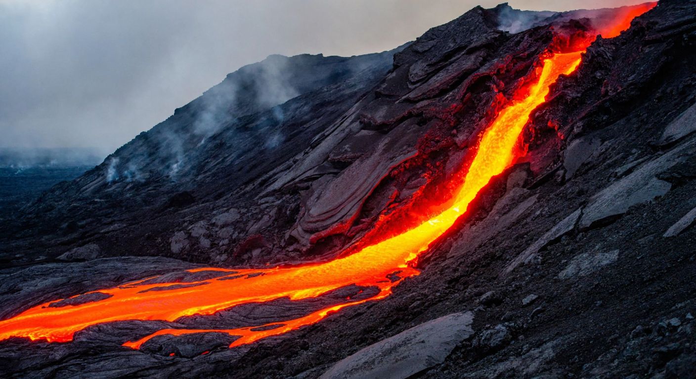 A glowing orange magma chamber beneath craggy rocks contrasts with fiery red lava flowing down a volcanic slope under a smoky sky.